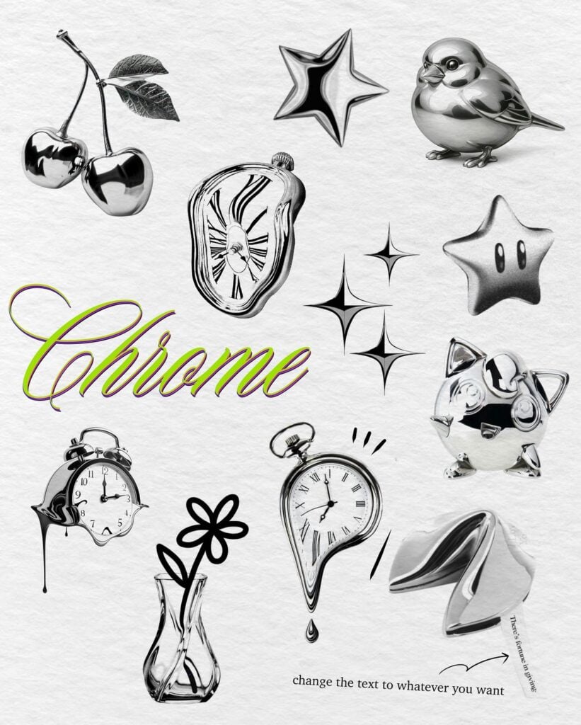 Chrome collage on textured paper: shiny cherries, melting clocks, stars, bird, pig, vase with flower, fortune cookie and 'Chrome' lettering.