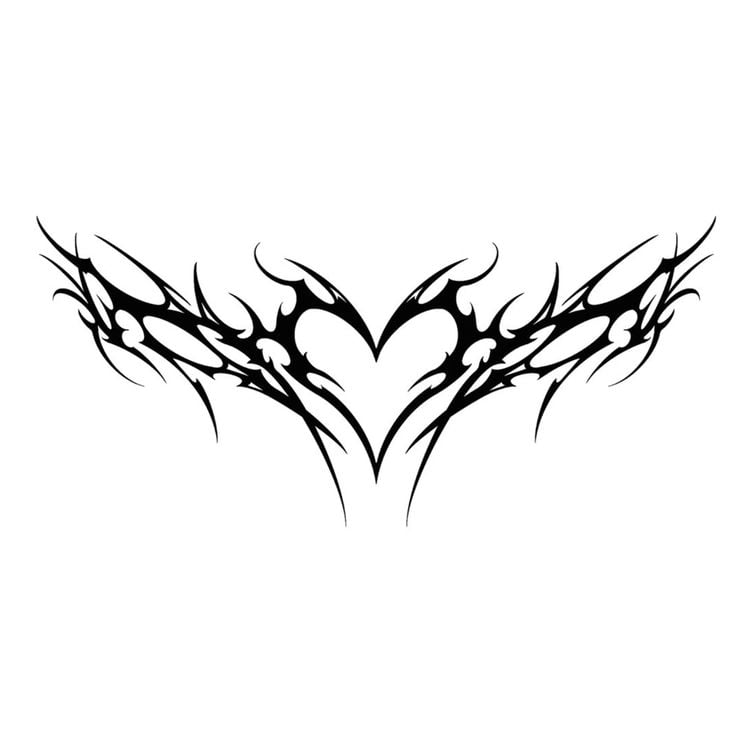 Symmetrical black tribal tattoo design forming a heart with wing-like flame extensions, ideal for chest or upper-back body art