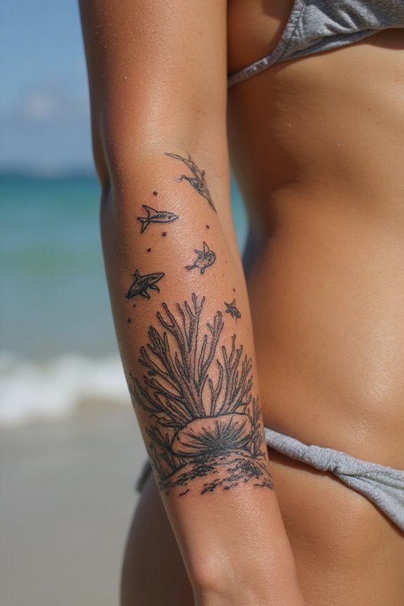 Close-up of sun-kissed forearm with detailed black-line ocean tattoo of coral, starfish and small fish, beach and bikini visible.