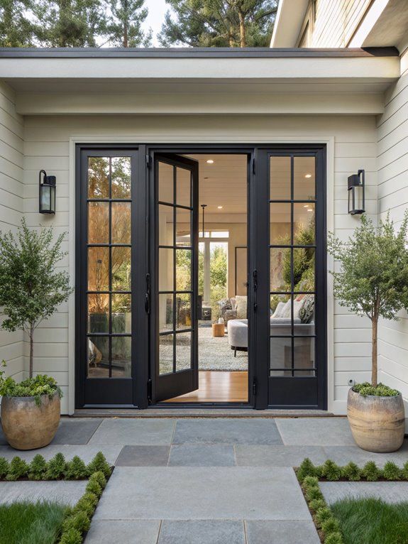 Modern exterior with black steel-framed French glass doors opening to cozy living room, bluestone walkway and potted trees