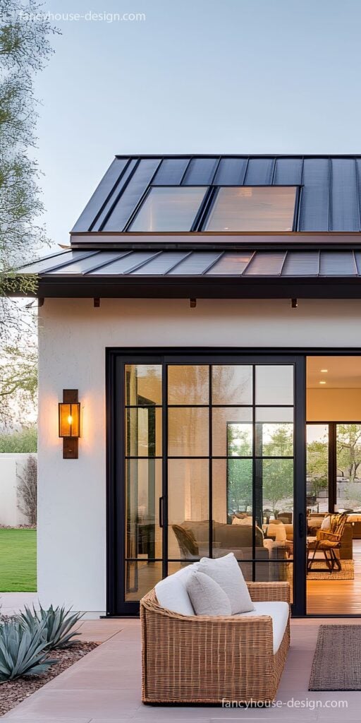 Modern home exterior with black metal roof skylights, black-framed sliding glass doors and wicker patio sofa.