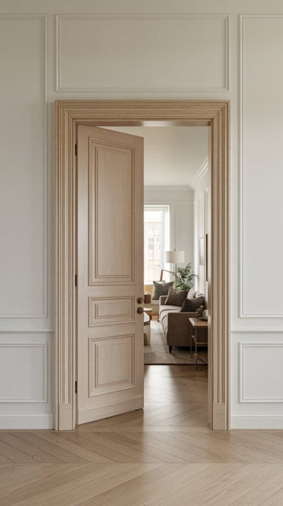 Open carved wooden interior door leading to sunlit modern-classic living room with cozy sofa, floor lamp, houseplant and herringbone oak floor.