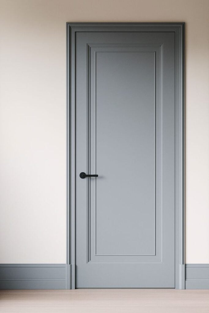 Gray paneled interior door with matte black lever handle, matching trim and baseboard on light wall and hardwood floor