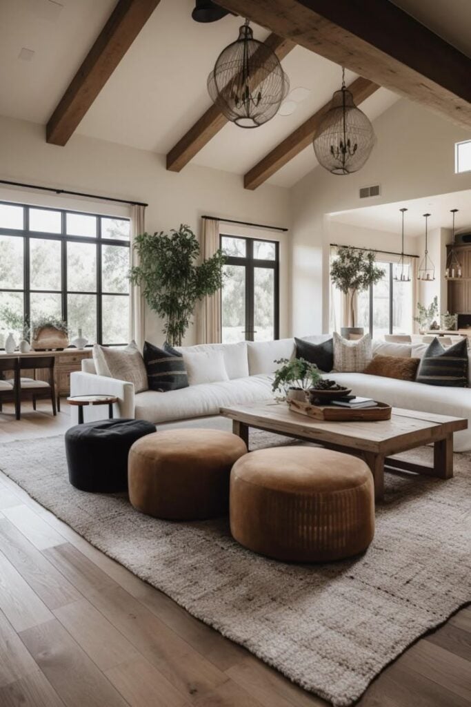 Modern farmhouse living room with vaulted wood-beam ceiling, black-framed windows, neutral sectional, round poufs and wooden coffee table.