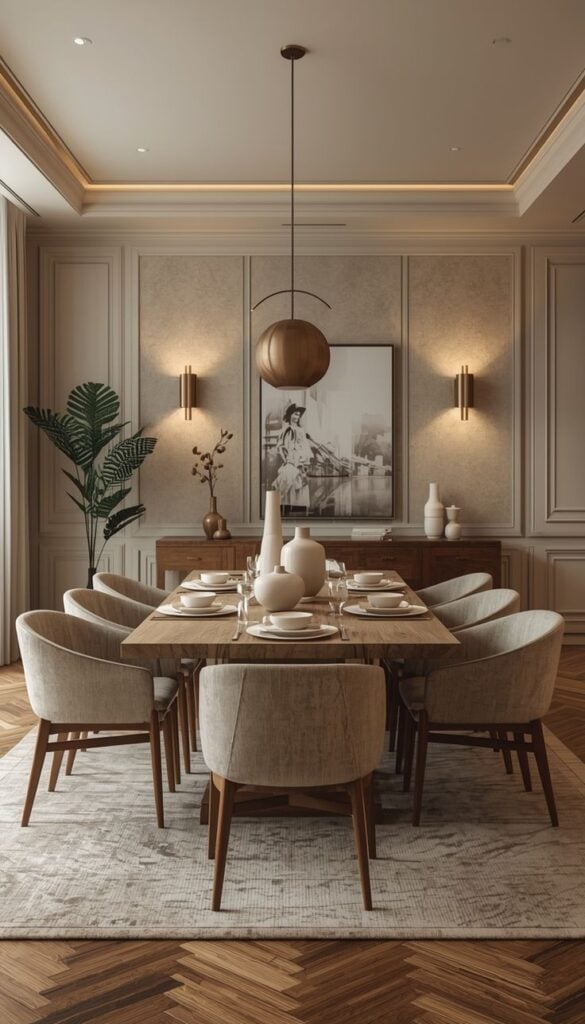 Modern neutral dining room with wooden table, upholstered chairs, pendant light, tableware, plants and warm ambient lighting.