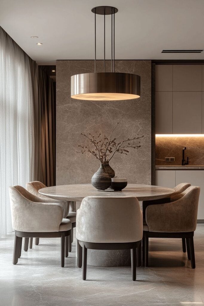 Modern neutral dining room with round marble table, six upholstered velvet chairs, large drum pendant light and minimalist vase centerpiece.