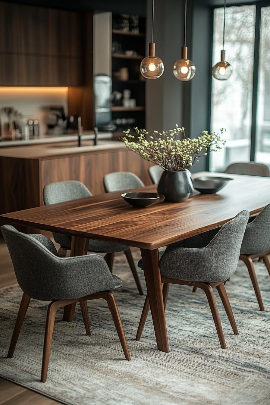 Stylish modern dining room: walnut table, gray upholstered chairs, vase with branches, globe pendant lights, open kitchen.