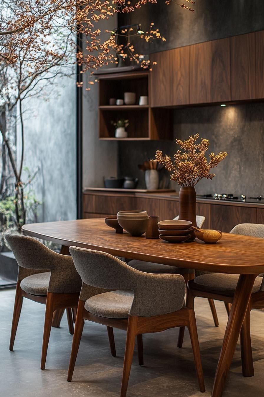 Modern minimalist dining room with walnut table, upholstered mid-century chairs, decorative bowls and vase of dried branches, open wood kitchen.