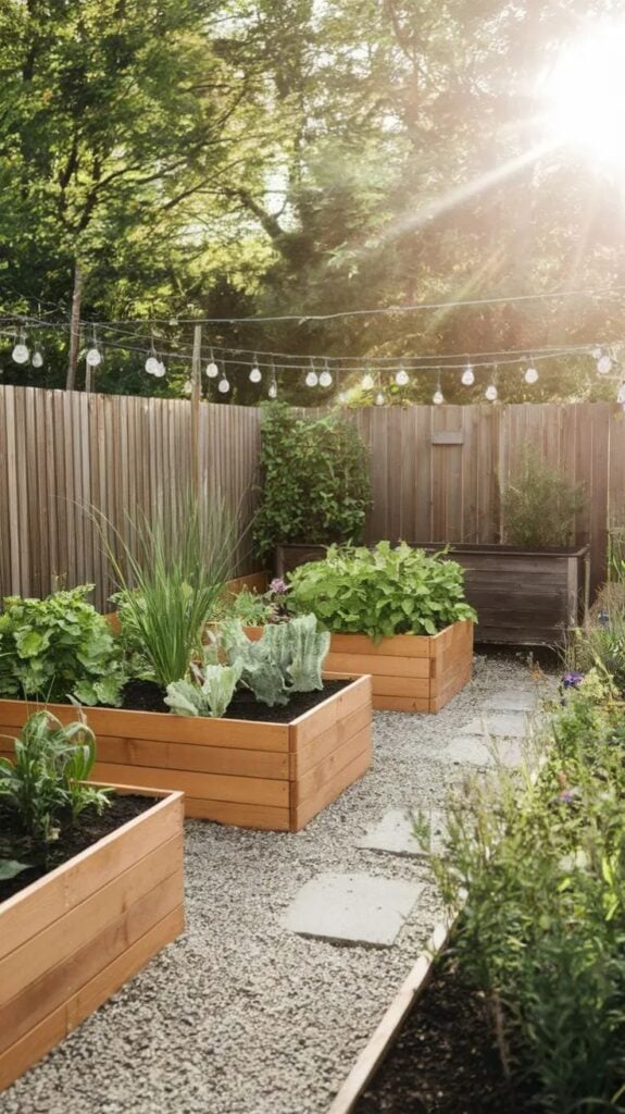 Sunlit backyard with wooden raised garden beds planted with herbs and vegetables, gravel path, string lights and a wooden fence.