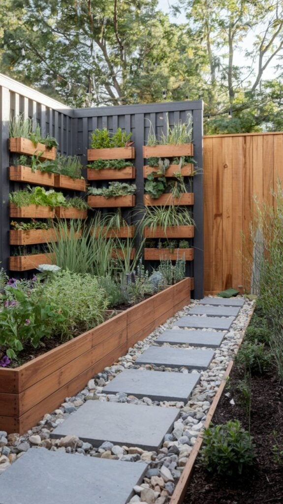 Small urban backyard garden with wooden raised beds, vertical wall planters, and gray stone stepping path