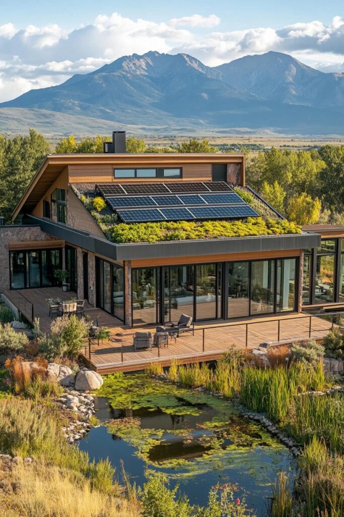 Modern sustainable mountain home with solar panels and green roof, wood deck overlooking pond and panoramic mountain views.