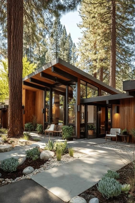 Mid-century modern home exterior in forest with wood-and-glass facade, angled roof, large windows, patio seating and drought-tolerant landscaping Energy-Efficient Home Upgrades