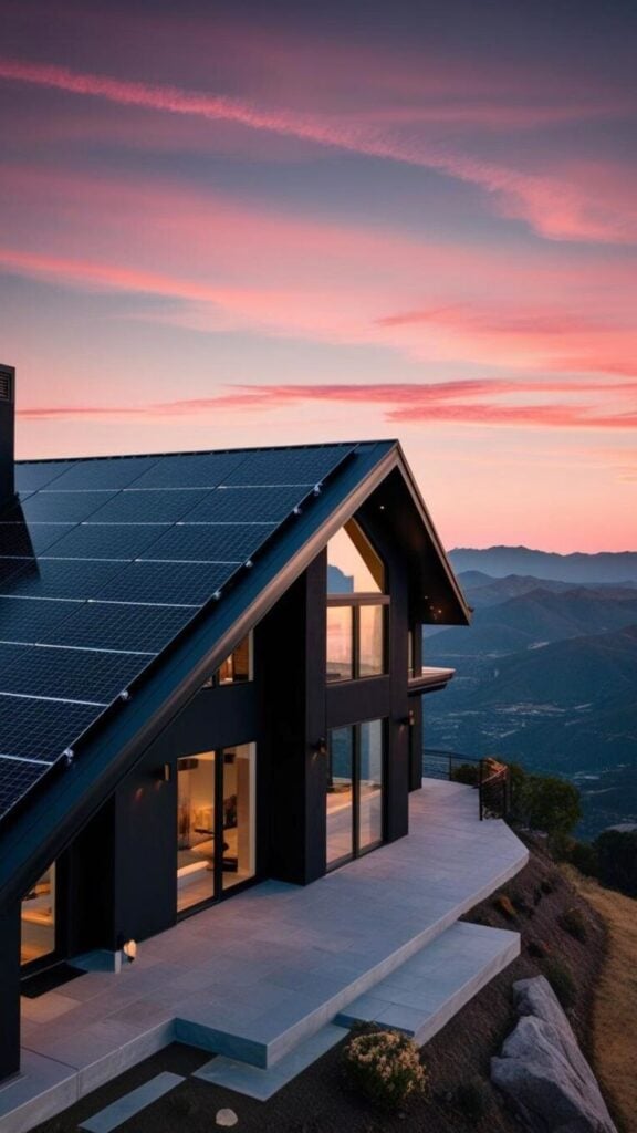 Rooftop solar panels on modern luxury mountain home at pink sunset, sustainable hillside house with panoramic valley views