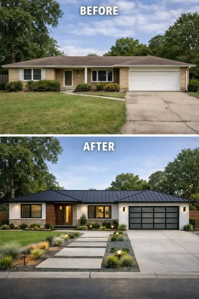 Before-and-after home exterior remodel: outdated ranch transformed with modern black metal roof, white brick, glass garage door, new landscaping