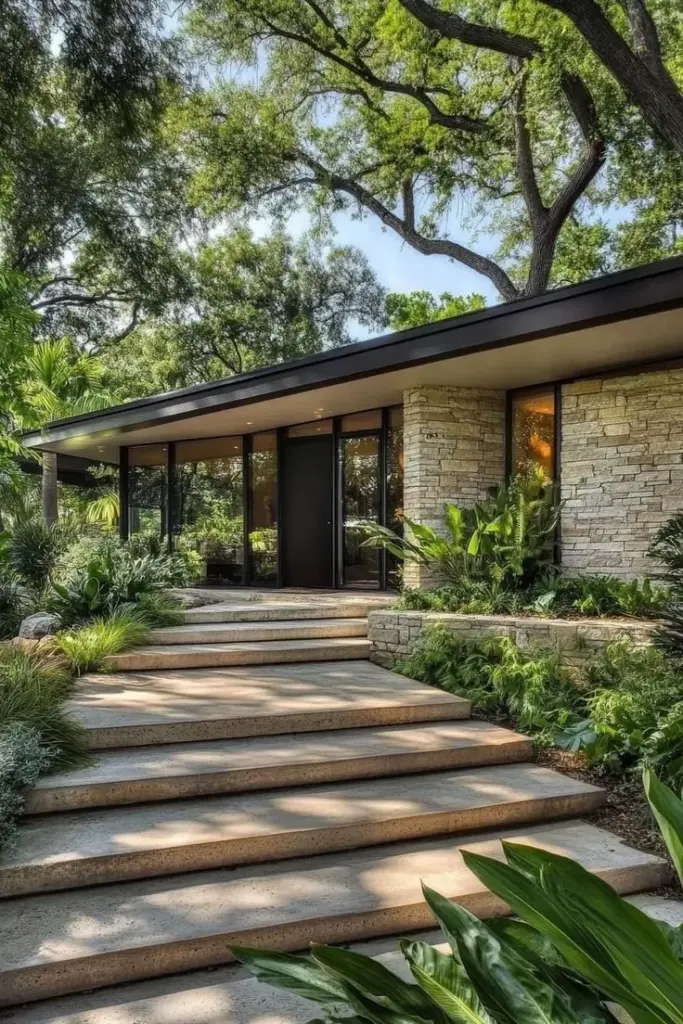 Modern midcentury home exterior with stone facade, floor-to-ceiling windows, wide concrete steps and lush landscaping under mature trees