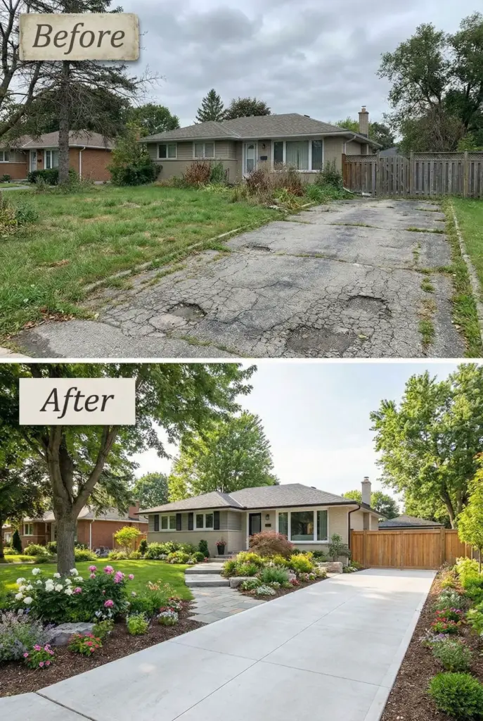 Before-and-after front yard makeover: cracked driveway replaced with smooth concrete, new walkway, lawn and flower beds.