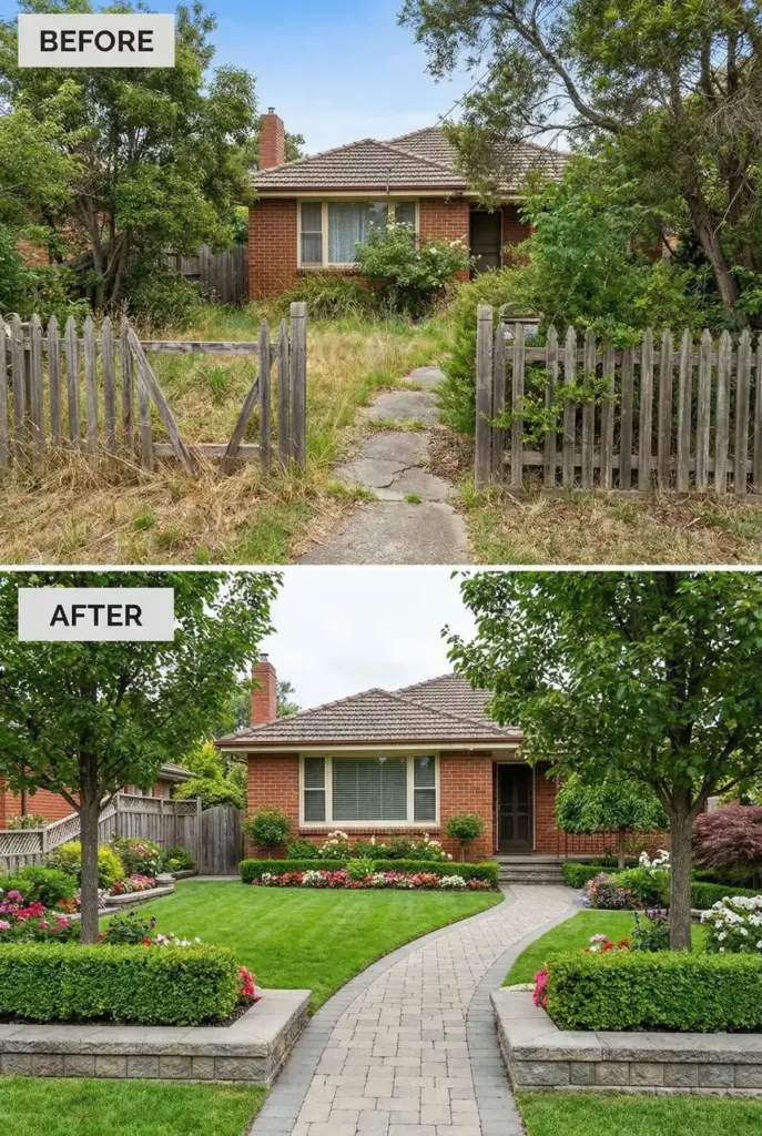 Front yard before-and-after: unkempt lawn and broken gate transformed into manicured lawn, paver path, trimmed trees and colorful flower beds.