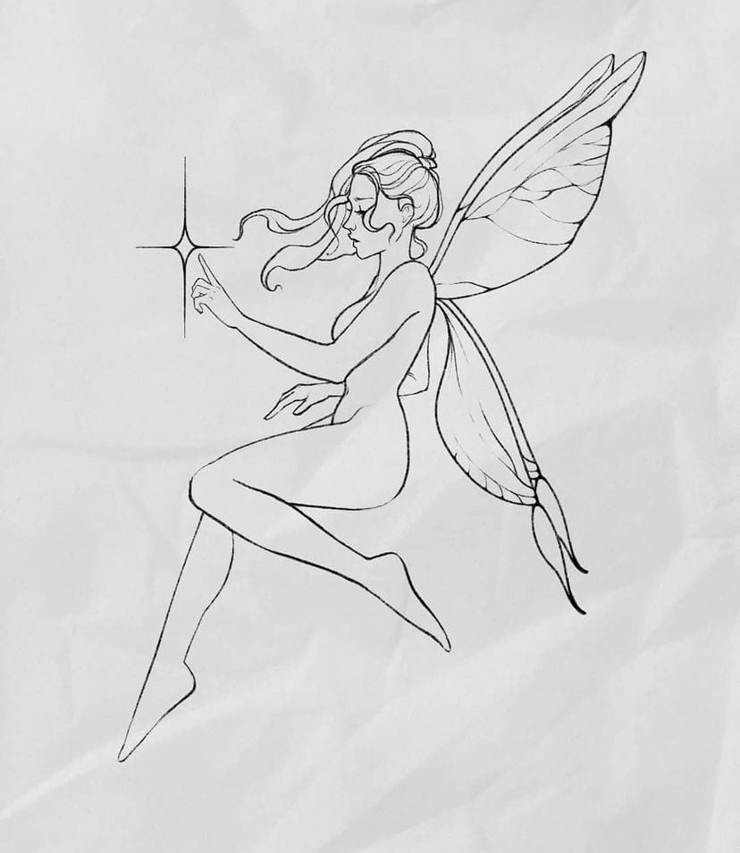 Minimalist black ink line art of a seated fairy woman with delicate insect-like wings reaching toward a glowing star.