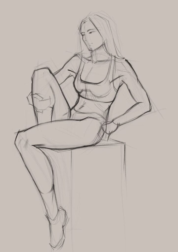 Figure drawing sketch of a seated female model in casual top and shorts, one knee raised on a cube — gesture pose art study