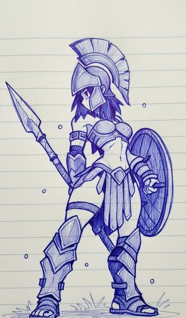 Blue pen sketch of a female Greek warrior wearing a Corinthian helmet, armor and greaves, holding spear and round shield on lined notebook paper