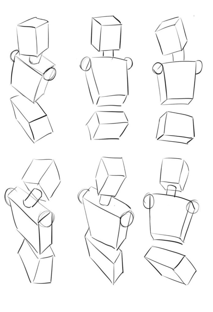 Nine black-line boxy mannequin sketches showing cube heads, simple torsos and hips in varied poses for figure construction study.