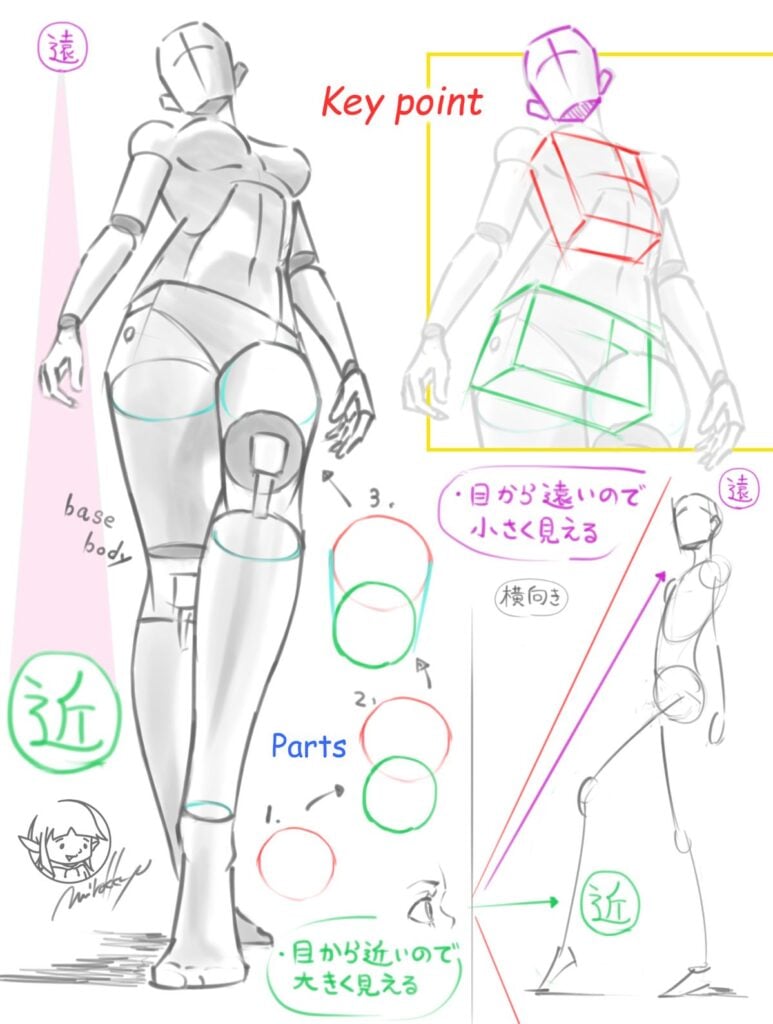 Low-angle figure drawing tutorial with foreshortening sketches, cube torso guides, leg perspective studies and construction lines
