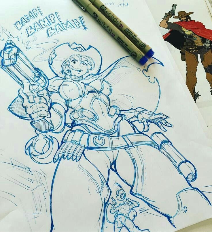 Dynamic blue pencil comic sketch of a female cowgirl gunslinger with pistol, flowing cape and Micron pens on paper — stylized character art.