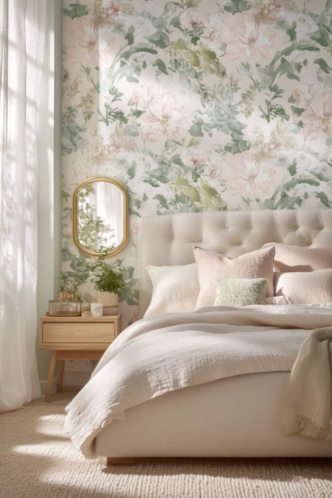 Floral wallpaper bedroom with tufted upholstered bed, neutral linens, wooden bedside table, round gold mirror and potted plant