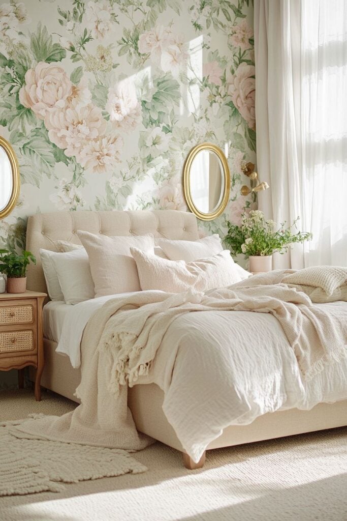 Cozy neutral bedroom with floral wallpaper, beige tufted bed, layered linens, gold round mirrors and potted plants.