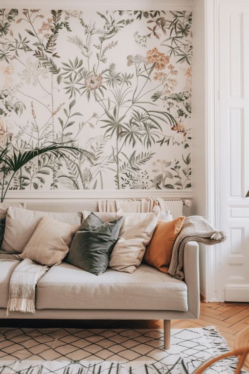 Scandinavian-style living room with beige sofa, mixed throw pillows, textured blanket and botanical wallpaper mural, neutral interior design