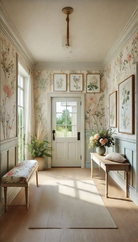 Sunlit floral foyer with botanical wallpaper, glass-paneled front door, upholstered bench, console table with vase of flowers and potted plants.