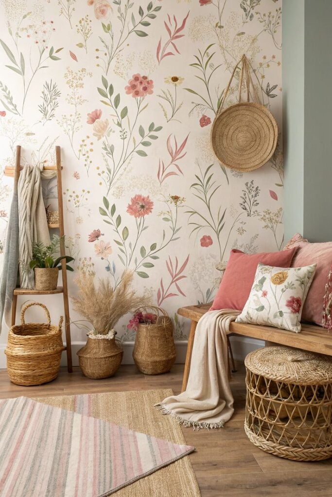 Cozy boho entryway with pastel floral wallpaper, wooden bench with pink pillows, rattan baskets and woven accents, natural textures, home decor Floral Wallpaper Patterns