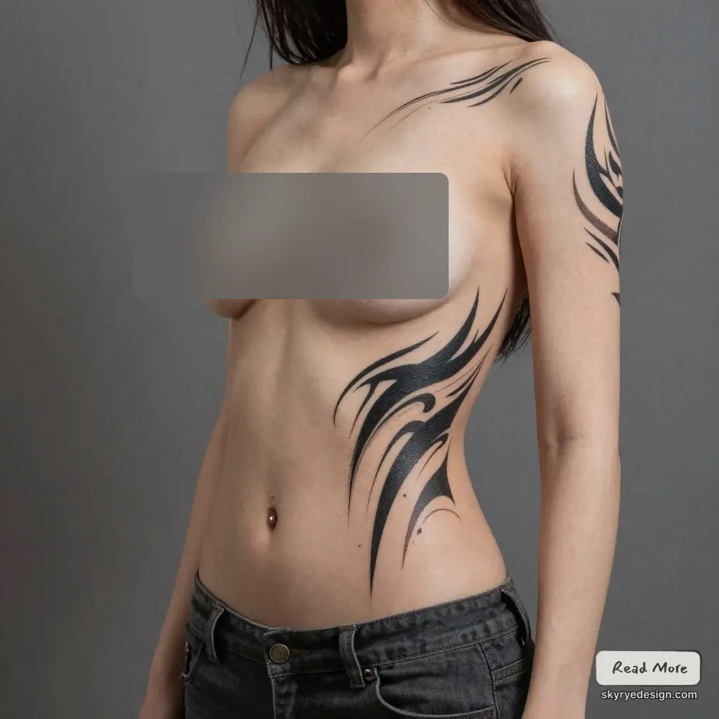 Black tribal side and arm tattoos on a female torso with navel piercing and low-rise jeans, body art close-up on grey background