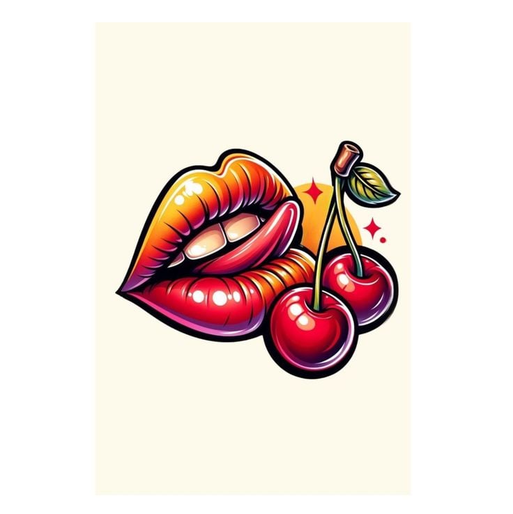 Vibrant pop-art vector of glossy red lips playfully biting twin cherries on stem with retro highlights — bold illustration for fashion or food.