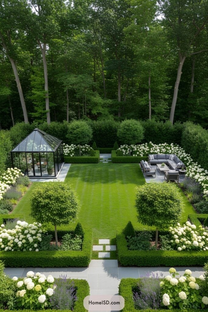 Formal modern garden with manicured lawn, boxwood hedges, topiary trees, white hydrangeas, glass greenhouse and gray outdoor seating area.