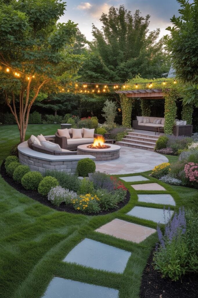 Landscaped backyard patio with circular stone fire pit, curved outdoor seating, string lights, pergola & stone pathway at dusk