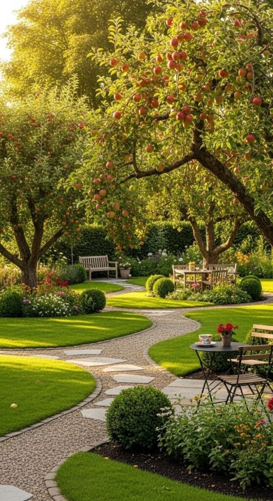 Sunlit apple orchard garden with paved winding path, manicured lawns, flowering beds and outdoor seating with wooden benches and table.