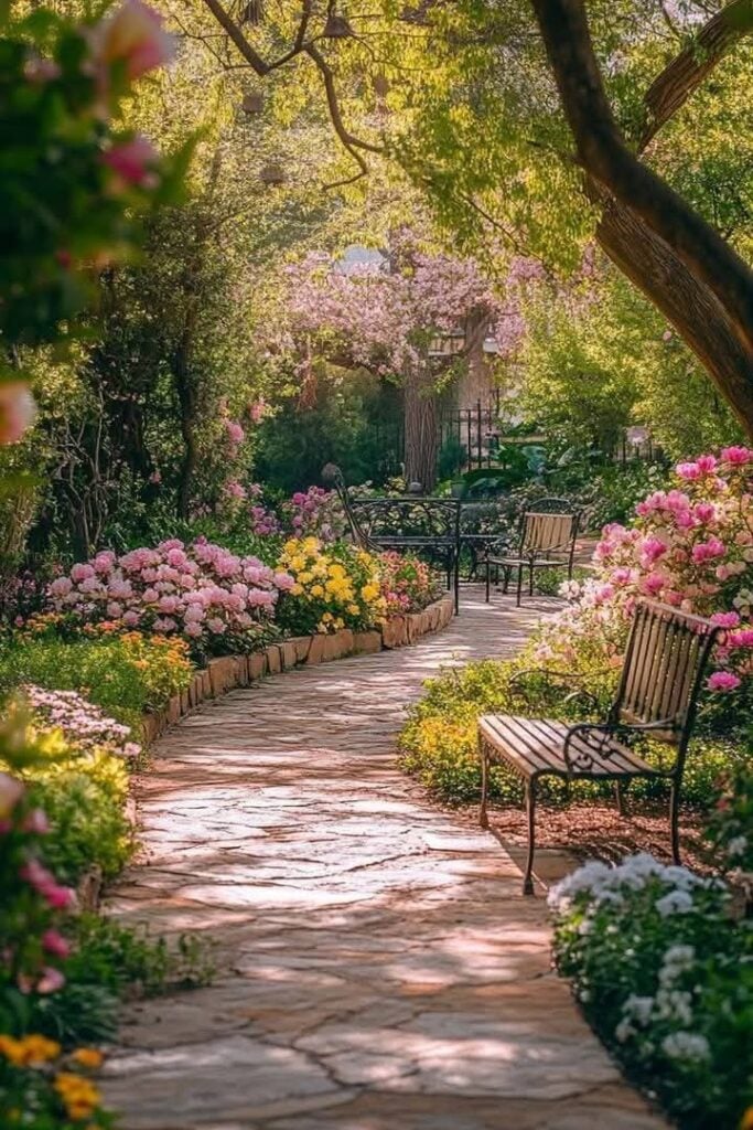 Sunlit stone garden path winding through lush spring flower beds with benches under blooming trees