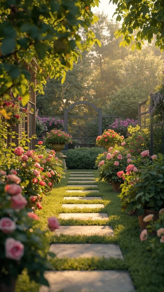 Golden-lit stone path through a rose garden, lined with pink blooms, potted plants and a decorative arch