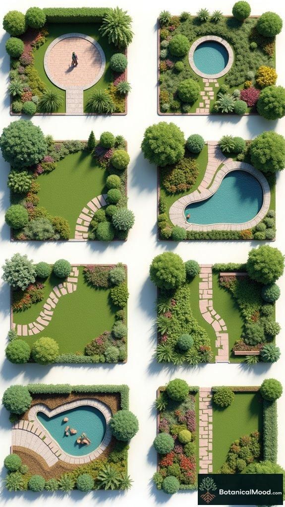 Garden layout ideas: top-down grid of nine landscaped backyard designs with lawns, winding stone paths, shrubs and pools.