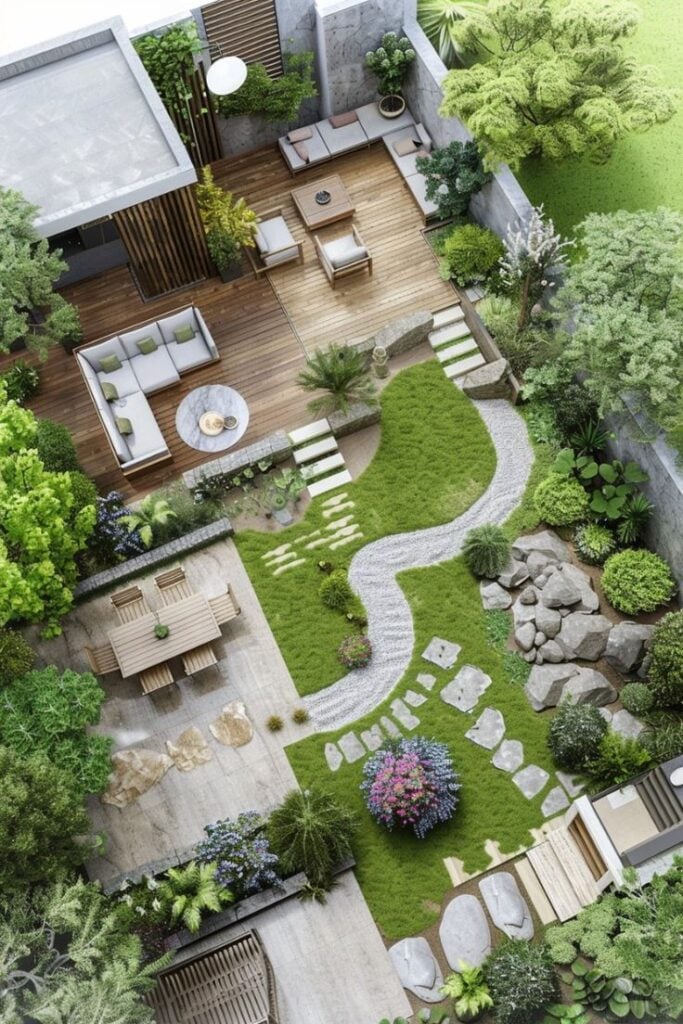 Aerial view of a modern backyard garden with wooden deck seating, outdoor dining, winding gravel path, rock garden and lush landscaping. Transform Your Outdoor Space