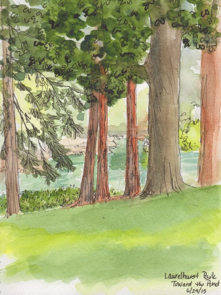 Watercolor sketch of trees and grassy slope at Laurelhurst Park overlooking a pond — green landscape painting with trunks, foliage, and reflections.