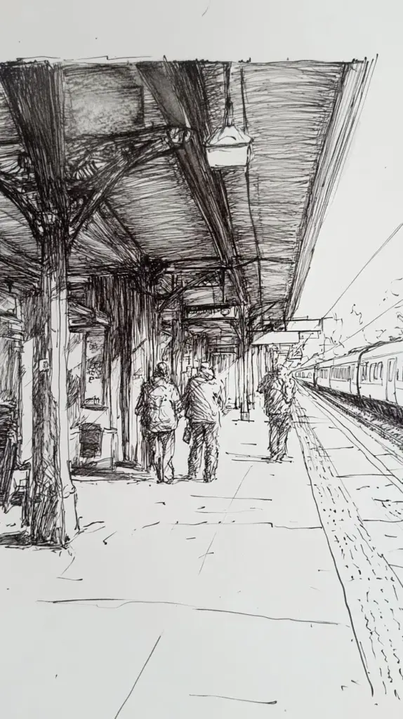 Lviv Coffee on Khreshchatyk 1 Sketched train station platform with people waiting and a train approaching in the distance under a canopy structure. | Sky Rye Design Sketched train station platform with people waiting and a train approaching in the distance under a canopy structure.