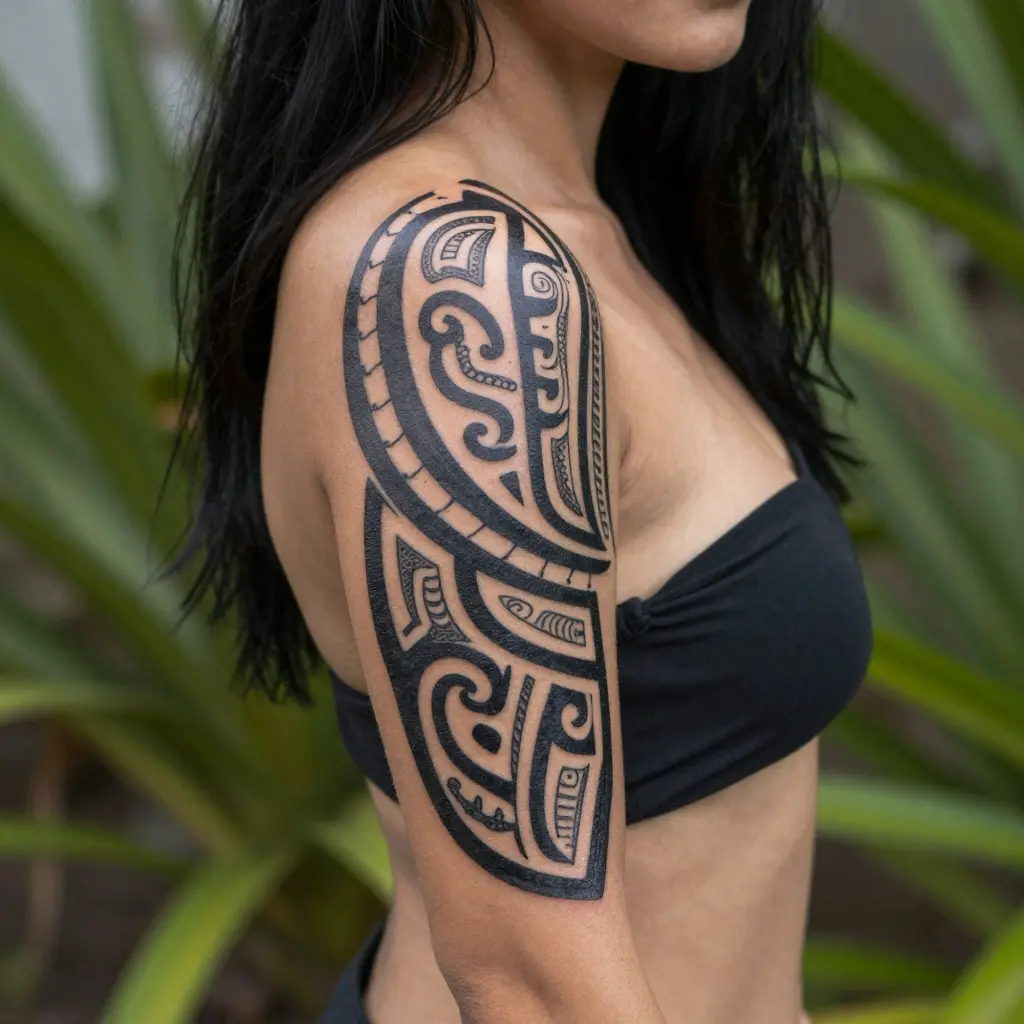 Female with bold black Polynesian-style arm and shoulder tribal tattoo, geometric motifs and swirls, wearing a black bandeau top