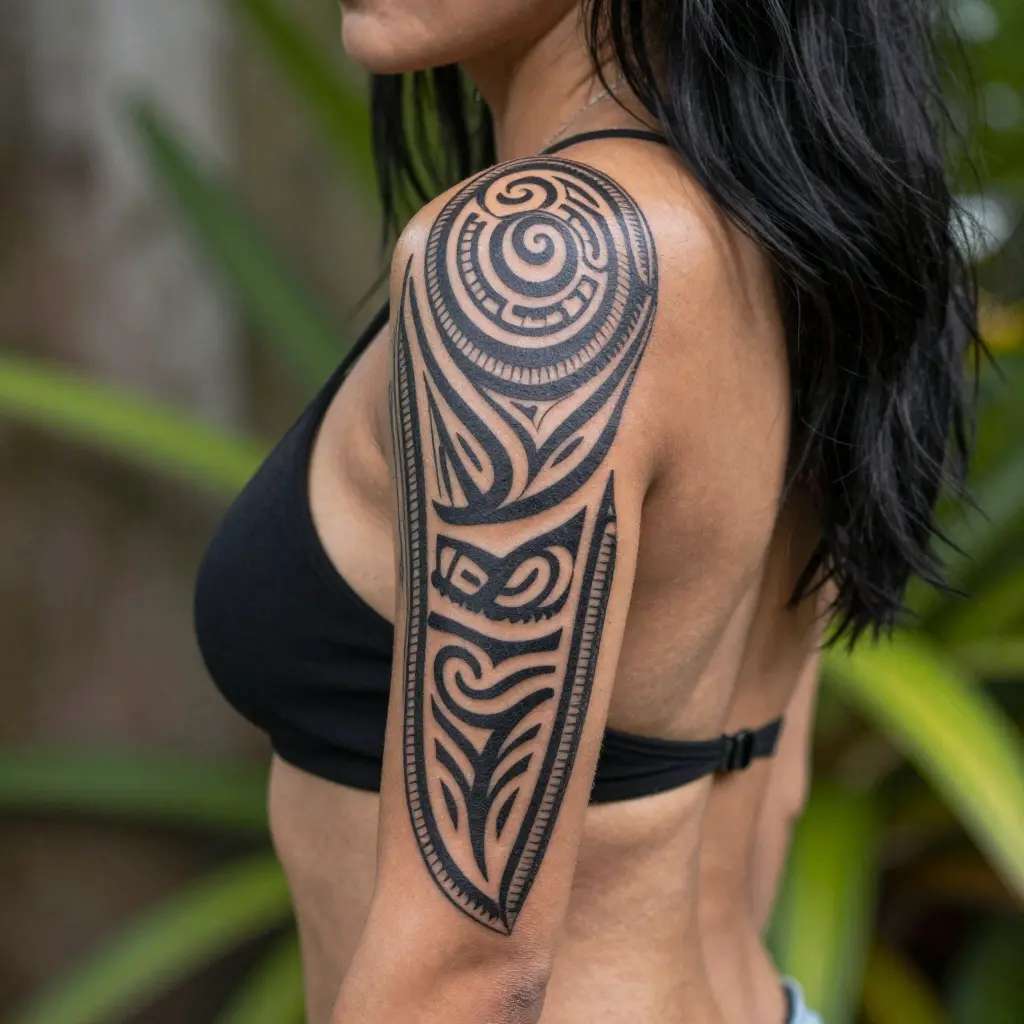 Maori-inspired black Polynesian tribal arm tattoo sleeve covering shoulder and upper arm on woman in black top