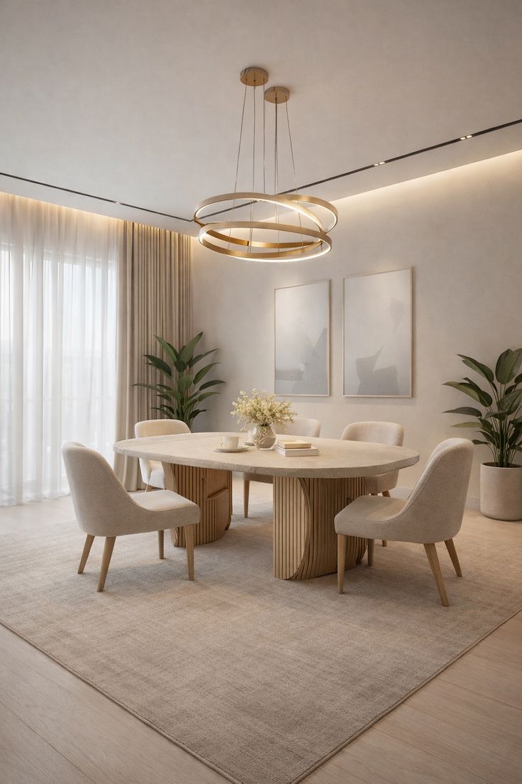 Modern dining room interior with oval wood table, six beige upholstered chairs, gold ring chandelier and indoor plants