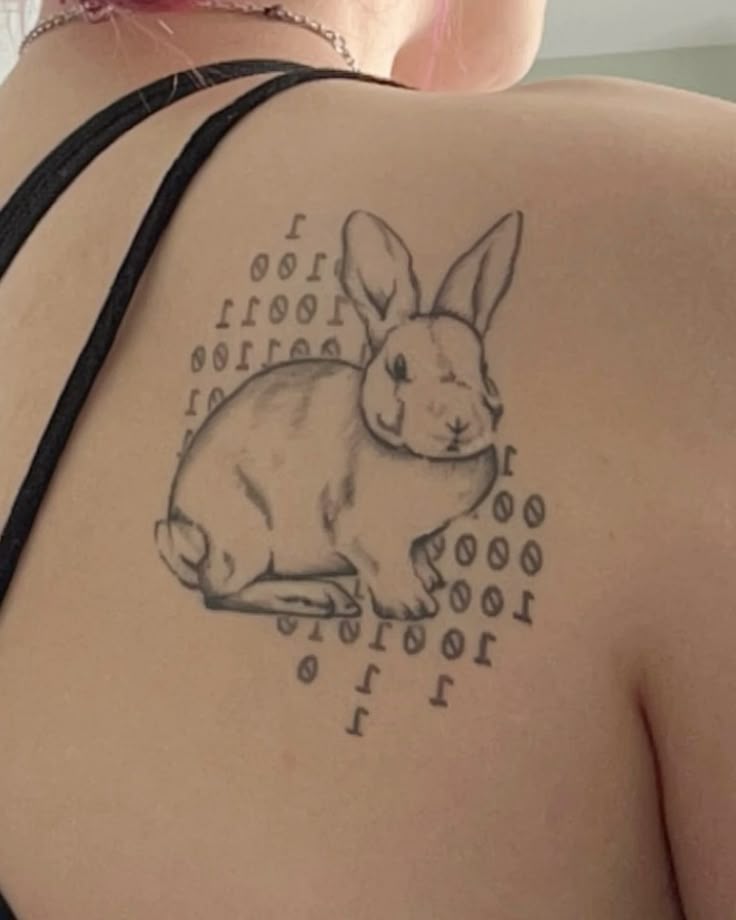 Black-and-gray sketch rabbit tattoo over vertical binary code on upper shoulder/upper back, minimalist ink design.