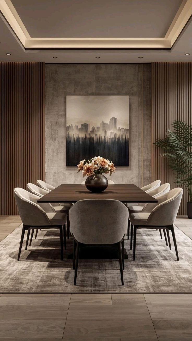 Modern neutral dining room with dark wood table, 8 upholstered chairs, floral centerpiece in vase, abstract city artwork and recessed lighting