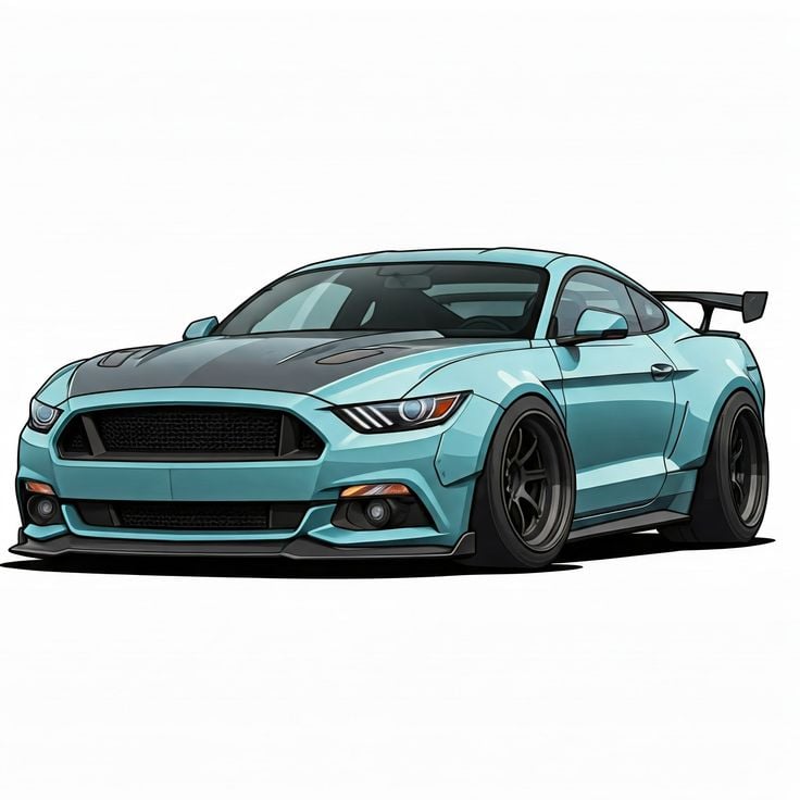 Stylized turquoise muscle car illustration with lowered stance, widebody fenders, black hood, rear wing and custom matte black wheels.