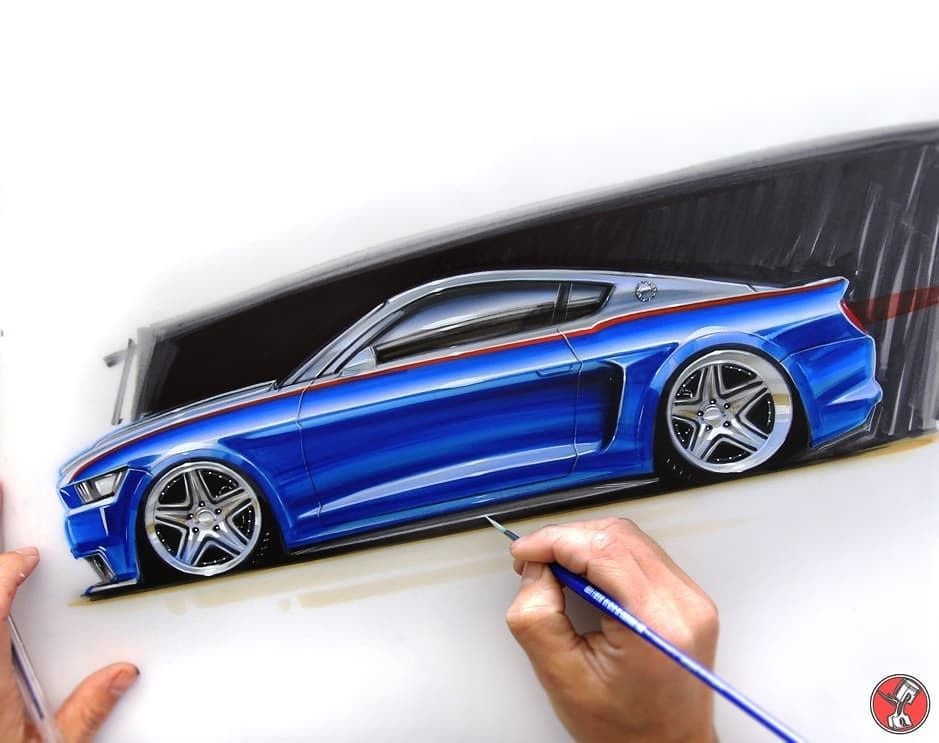 Hand-painted blue concept sports car sketch, side view rendering with artist's hand and brush - automotive design illustration.